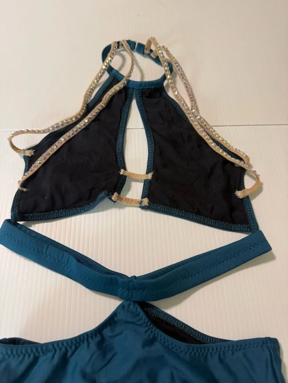 Custom made dance costume blue bling 2 piece style LC-large child
